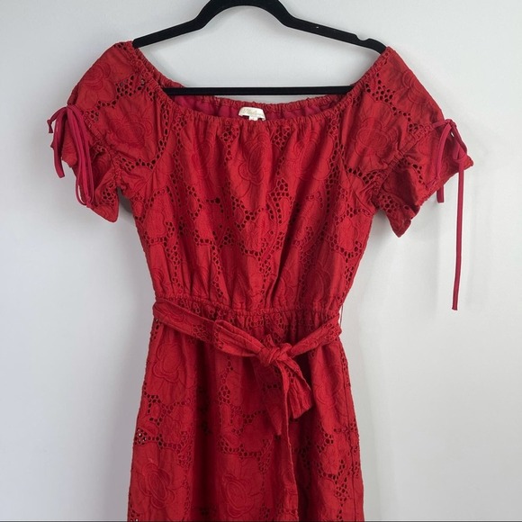 Shoshanna anthropologie eyelet red belted ruffle midi dress size 2 wedding guest - Picture 5 of 14